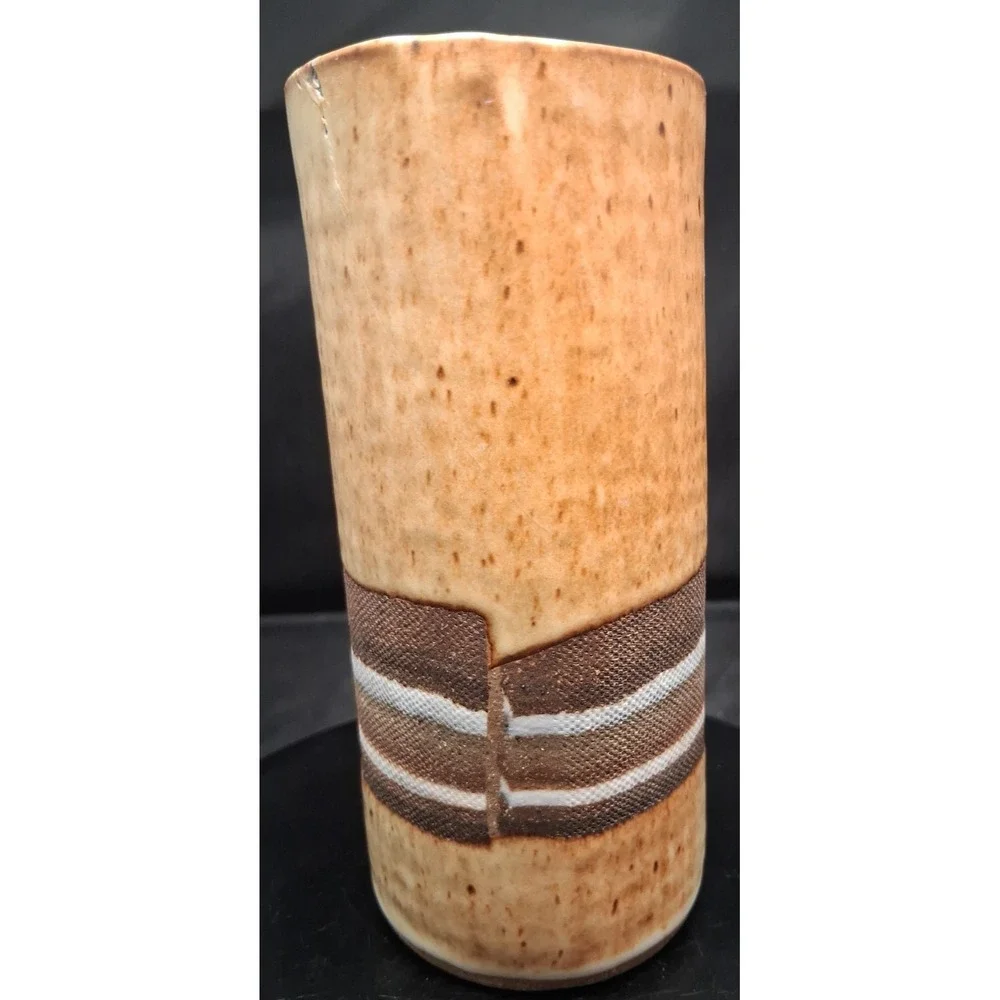 Signed Vintage Studio Pottery Stoneware Vase with Striped Band 5 3/4